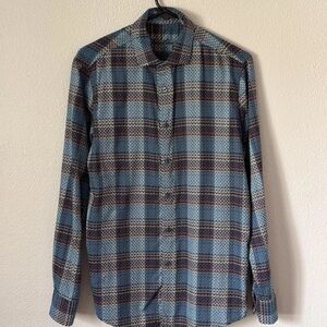 Tasso Elba Blue and Brown Plaid Button-Down Shirt